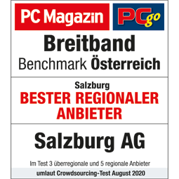 Testsiegel 2020 des PC Magazin mit Auszeichnung "Salzburg bester regionaler Anbieter"