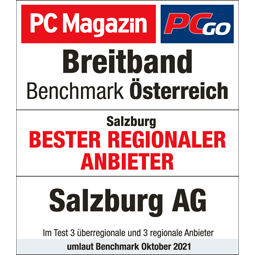 Testsiegel 2021 des PC Magazin mit Auszeichnung "Salzburg bester regionaler Anbieter"