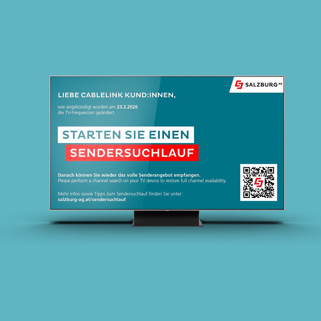 TV, welcher den Störungsscreen für einen notwendigen Sendersuchlauf zeigt.