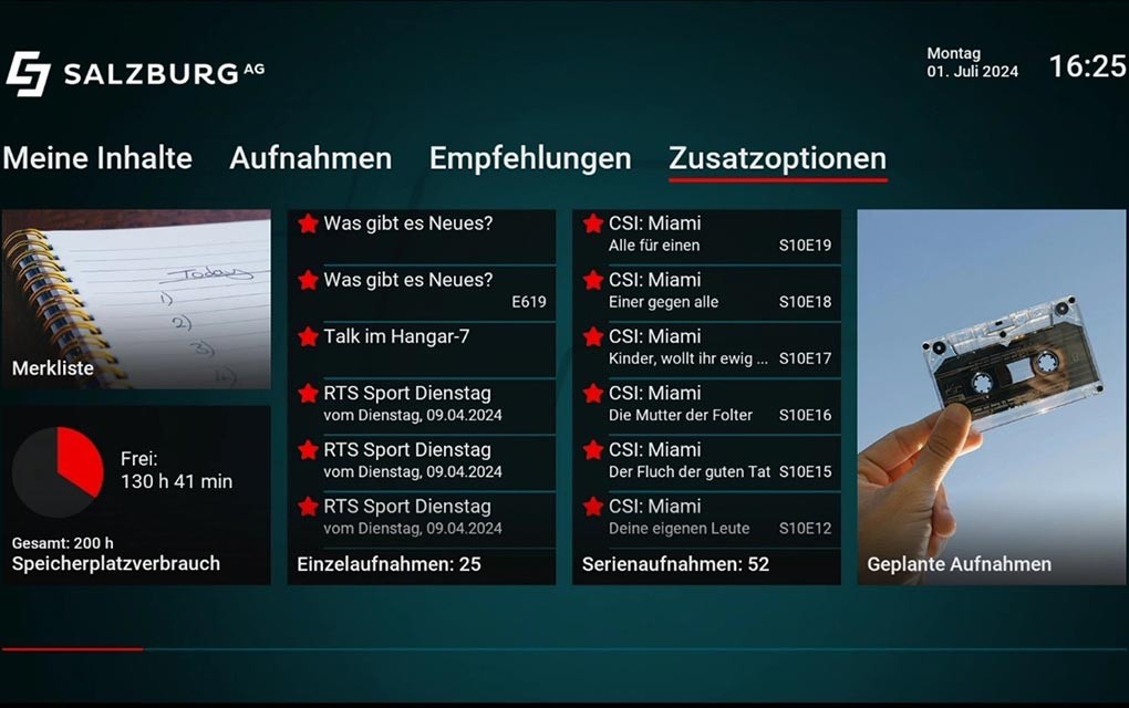 Bedienoberfläche CableLink TV, Navigationspunkt "Zusatzoptionen"