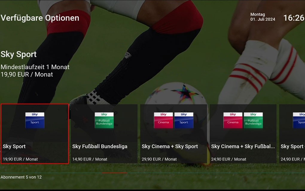 Oberfläche CableLink TV im Navigationspunkt "Verfügbare Optionen"