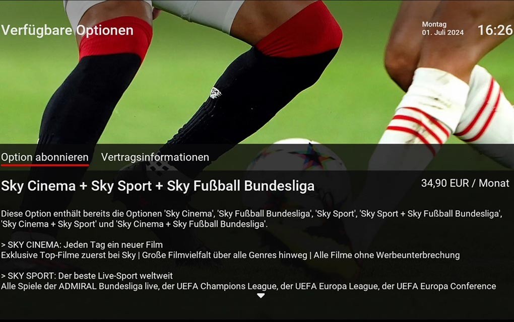 Oberfläche CableLink TV, Beschreibung des gewählten Sky-Paketes zum Abschluss eines Abos