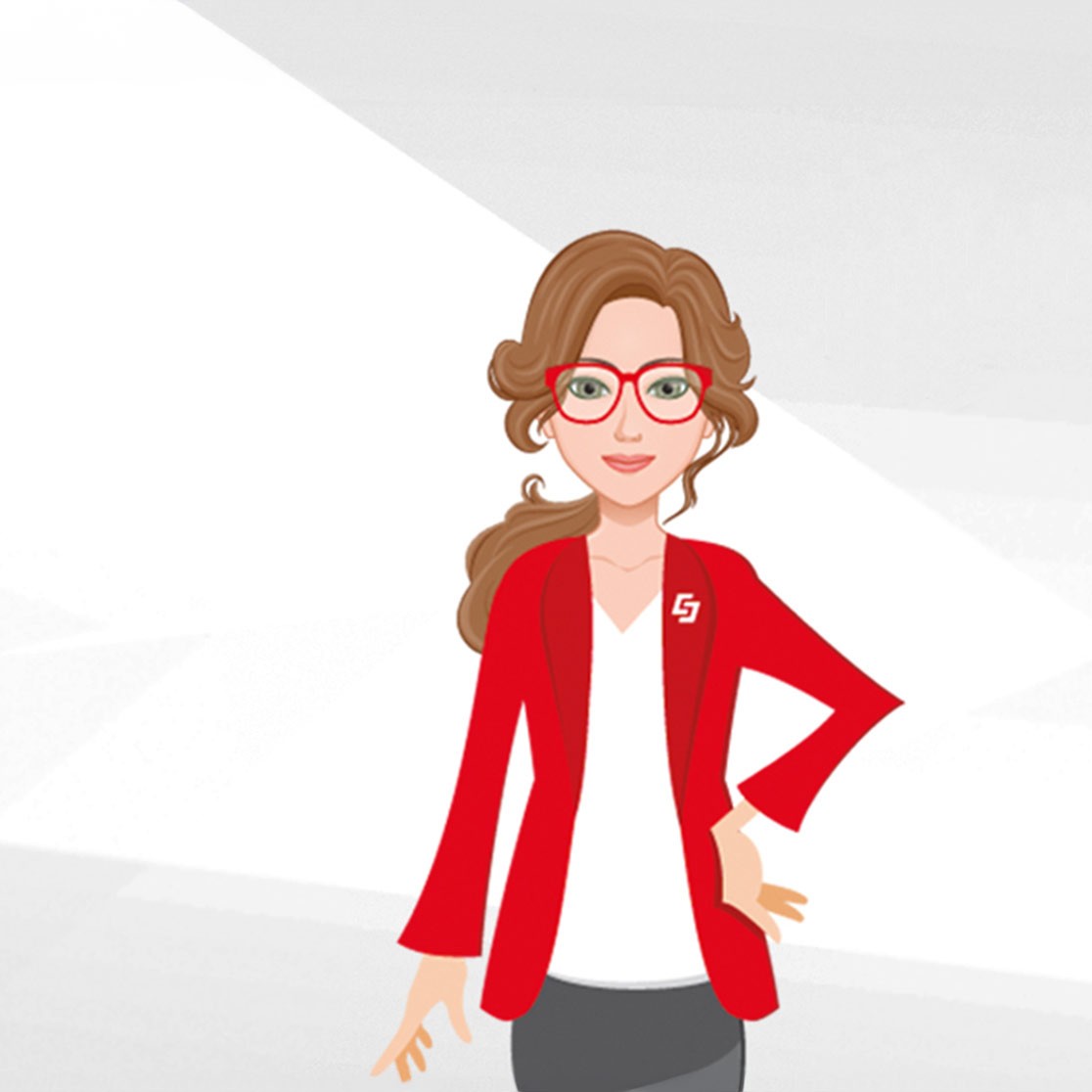 Der Avatar des Chatbots LEA: Eine braunhaarige Frau mit rotem Blazer vor grauem Hintergrund.